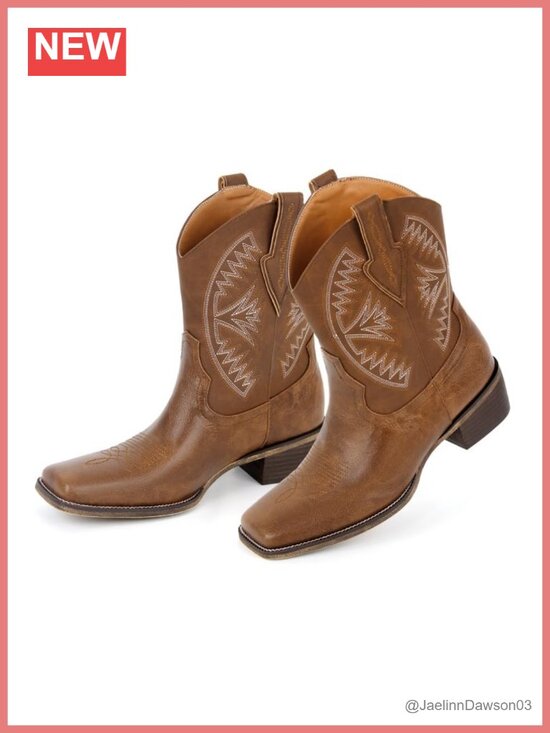 Shoes - Faux Leather Embroidered Western Bootie Ankle Boots Block Heel Pull On Cowgirl